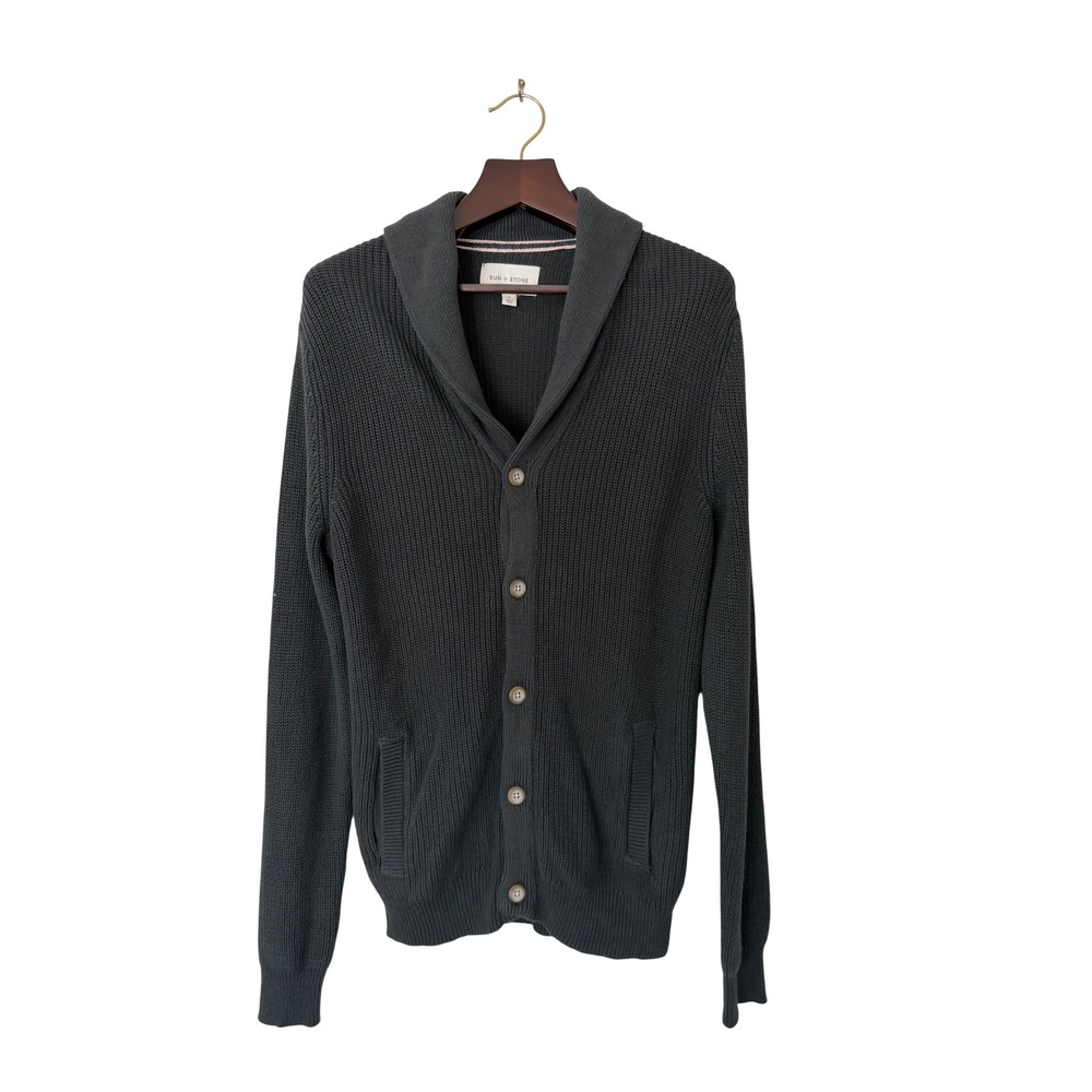 Sun + Stone Mens Shawl Collar Cardigan Sweater Dark Gray Cotton Size M FA23